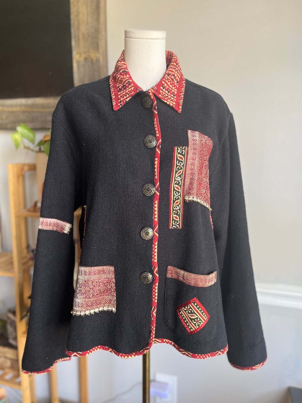 Vintage 90s Patchwork Jacket Black Red Aztec Knit Cotton Size Large